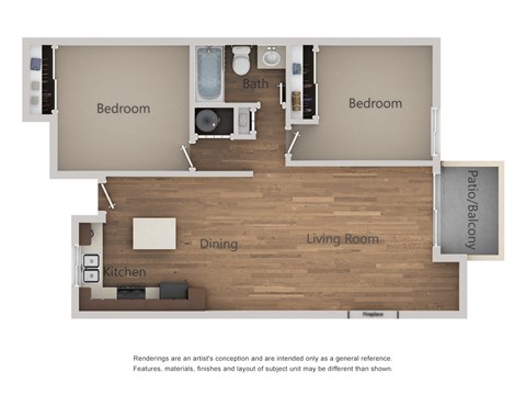 2 Bedroom 1 Bath Floor Plan at River Oaks Apartments & Townhomes, Hanford, California
